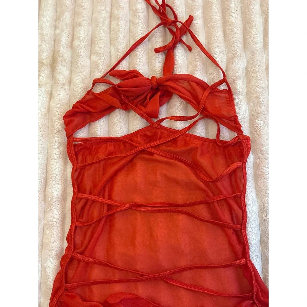 Womens‎ Red Sheer Mesh Open Bust Halter Babydoll Lingerie Dress, Size Medium